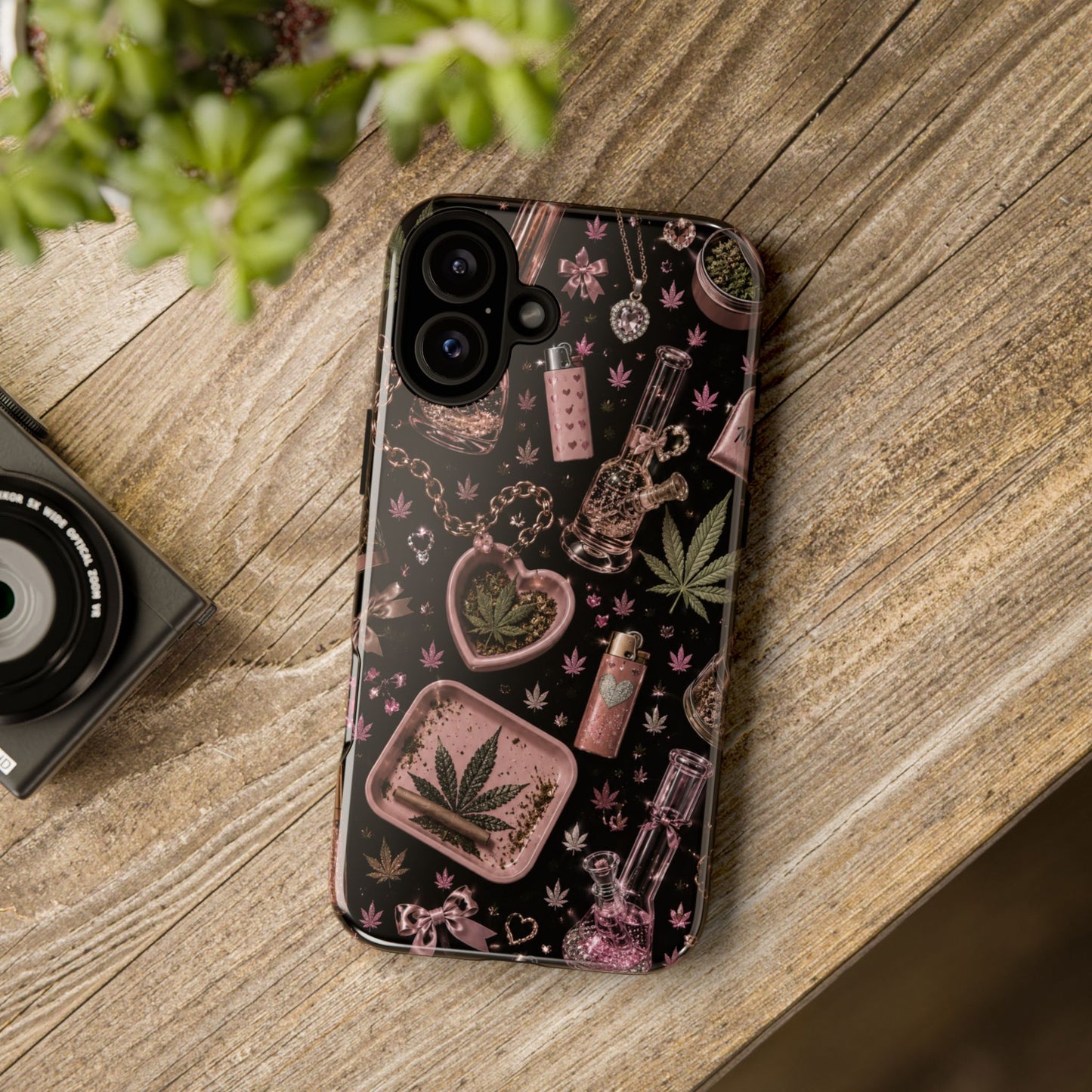 Sunflower Porch Co Pink Cannabis Pattern Tough Case | Weed Leaf Phone Case, Grinder & Lighter Design