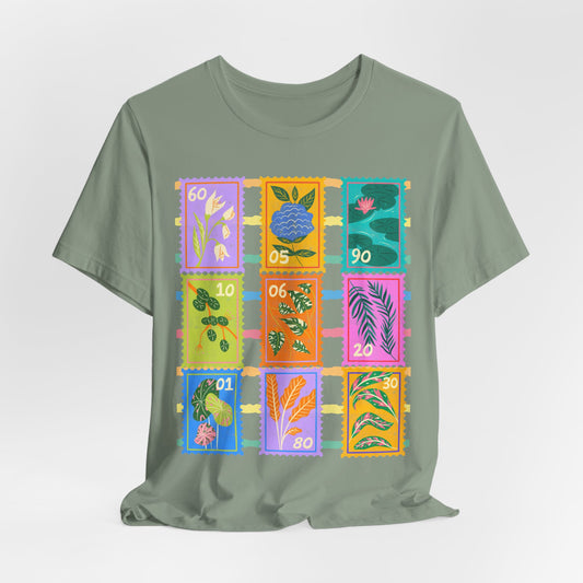 SunflowerPorchCo Vintage Botanical Stamp Collage Tee | Floral Postage Stamp T-Shirt