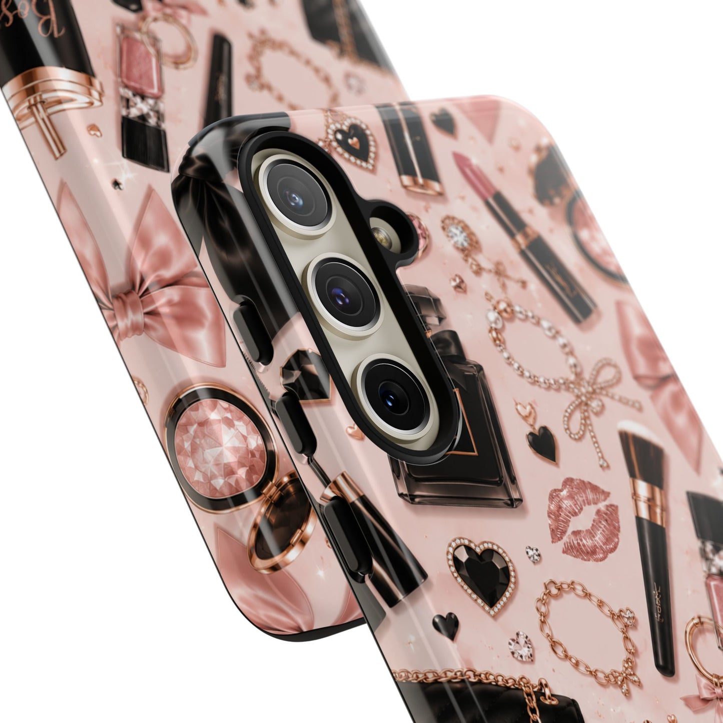 Sunflower Porch Co Glam Makeup Pattern Phone Case | Rose Gold Cosmetics, Perfume, Lipstick