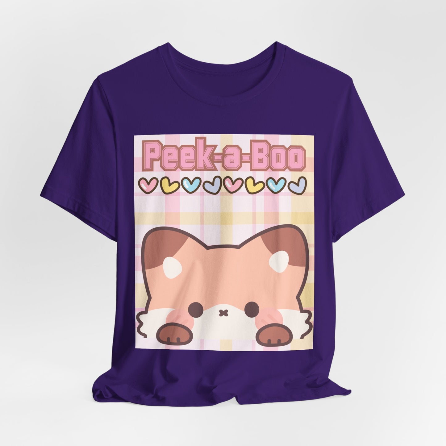 SunflowerPorchCo Peek-a-Boo Kawaii Fox Tee | Cute Pastel Hearts Plaid Shirt