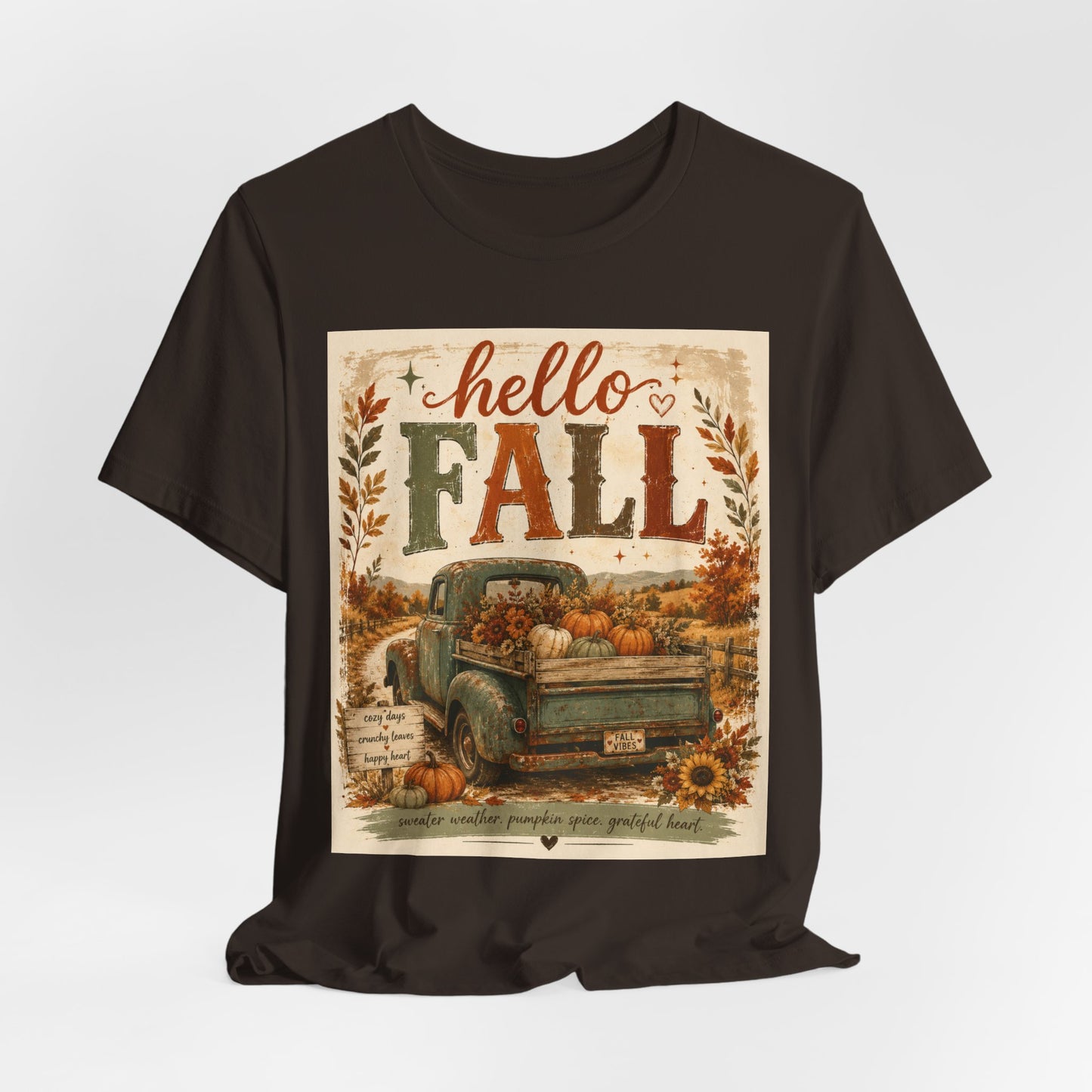 Sunflower Porch Co Hello Fall Vintage Truck T-Shirt | Pumpkin Harvest Autumn Tee