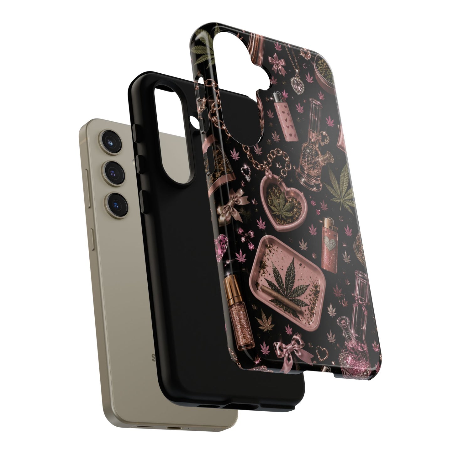 Sunflower Porch Co Pink Cannabis Pattern Tough Case | Weed Leaf Phone Case, Grinder & Lighter Design