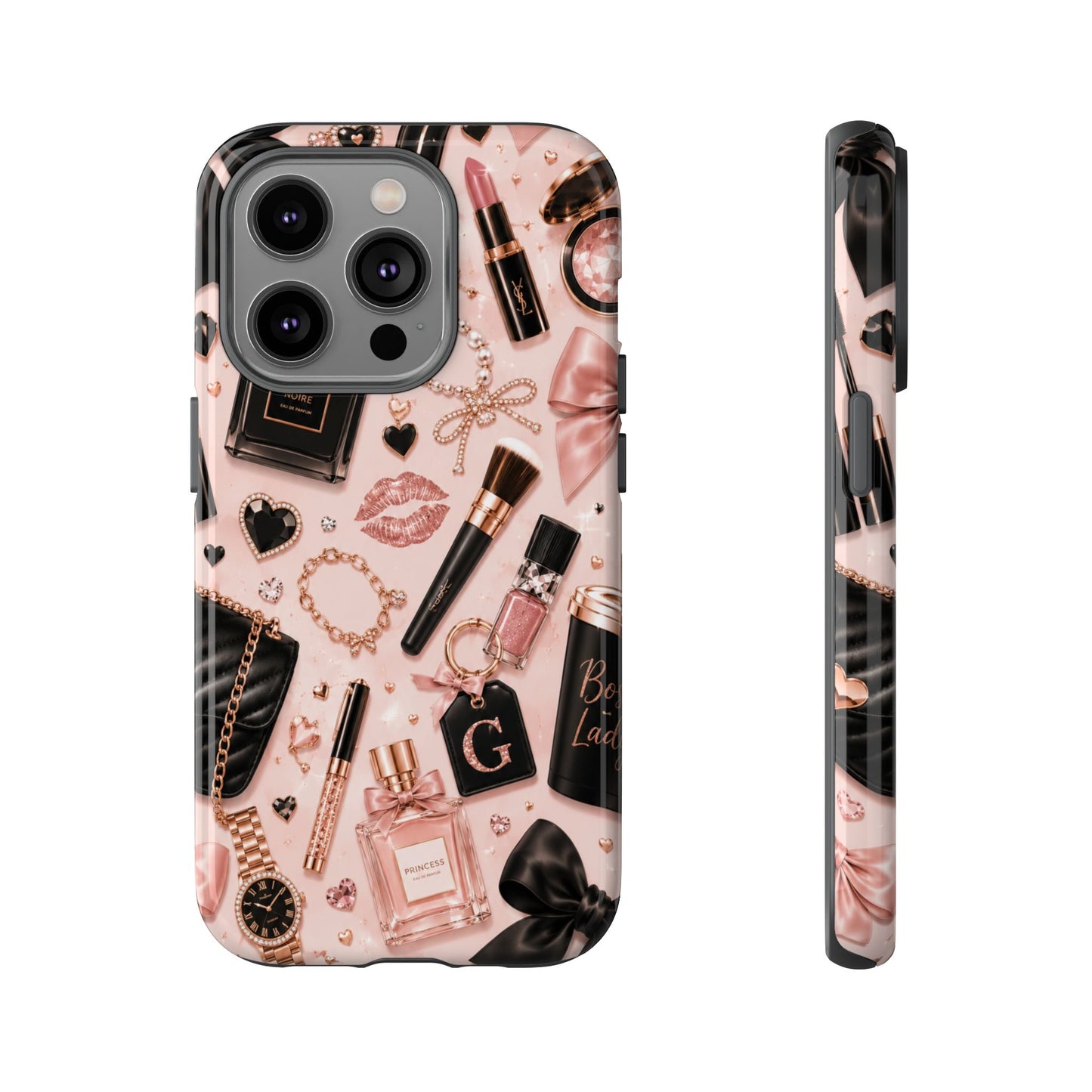 Sunflower Porch Co Glam Makeup Pattern Phone Case | Rose Gold Cosmetics, Perfume, Lipstick