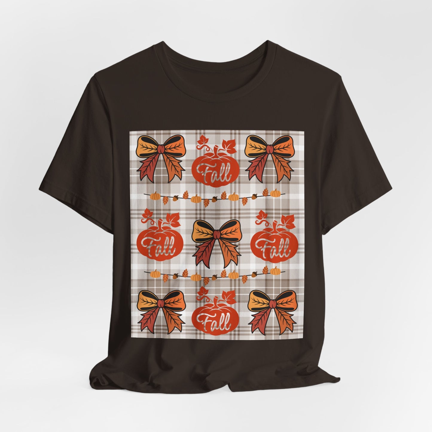 SunflowerPorchCo Fall Pumpkin Plaid Pattern Tee | Autumn Bow Graphic T-Shirt