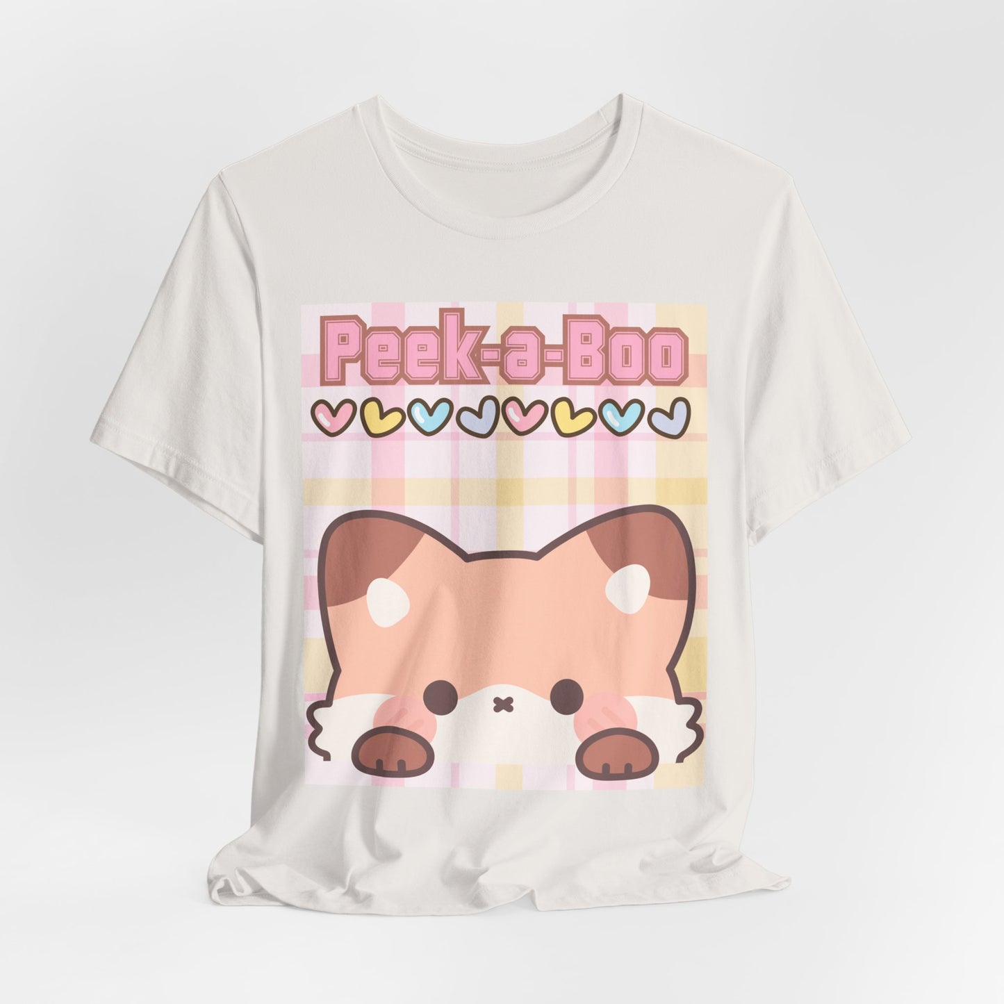 SunflowerPorchCo Peek-a-Boo Kawaii Fox Tee | Cute Pastel Hearts Plaid Shirt