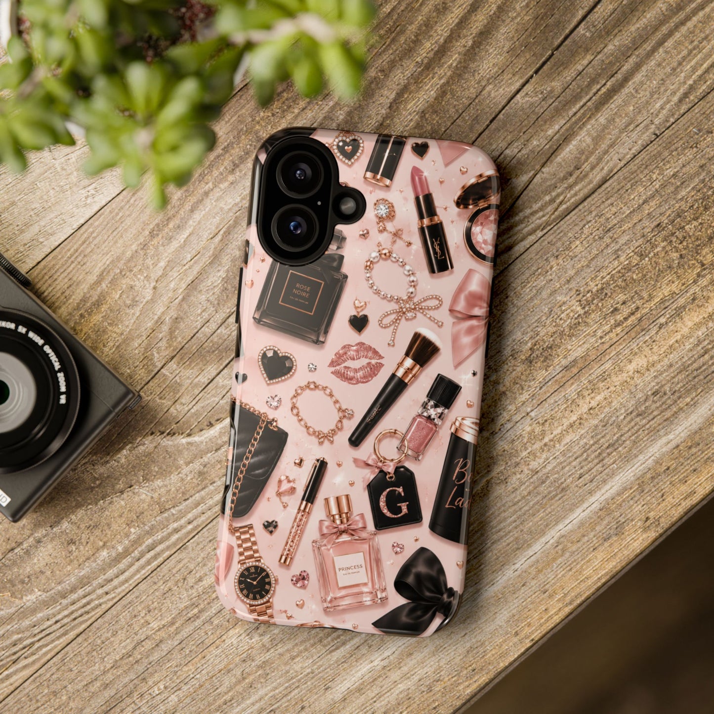 Sunflower Porch Co Glam Makeup Pattern Phone Case | Rose Gold Cosmetics, Perfume, Lipstick