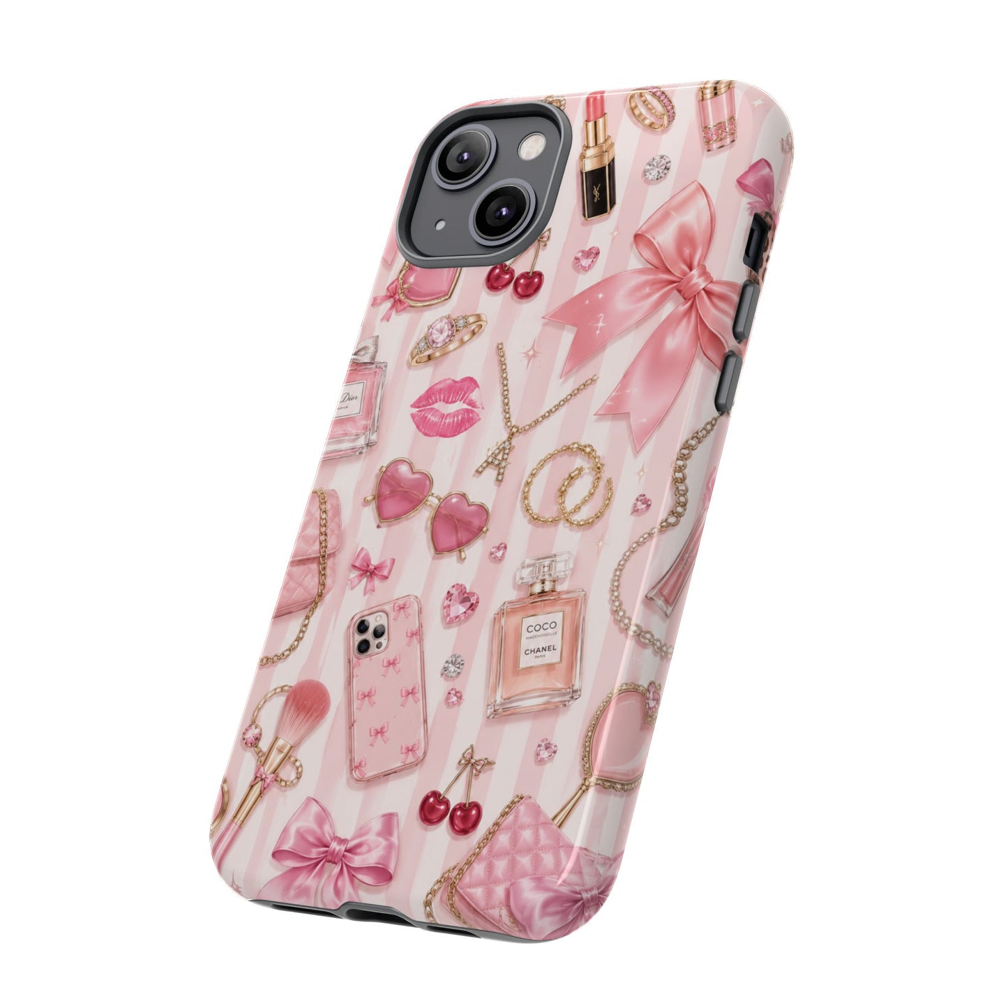 Pink Glam Pattern phone case | Makeup, bows, perfume, lipstick design