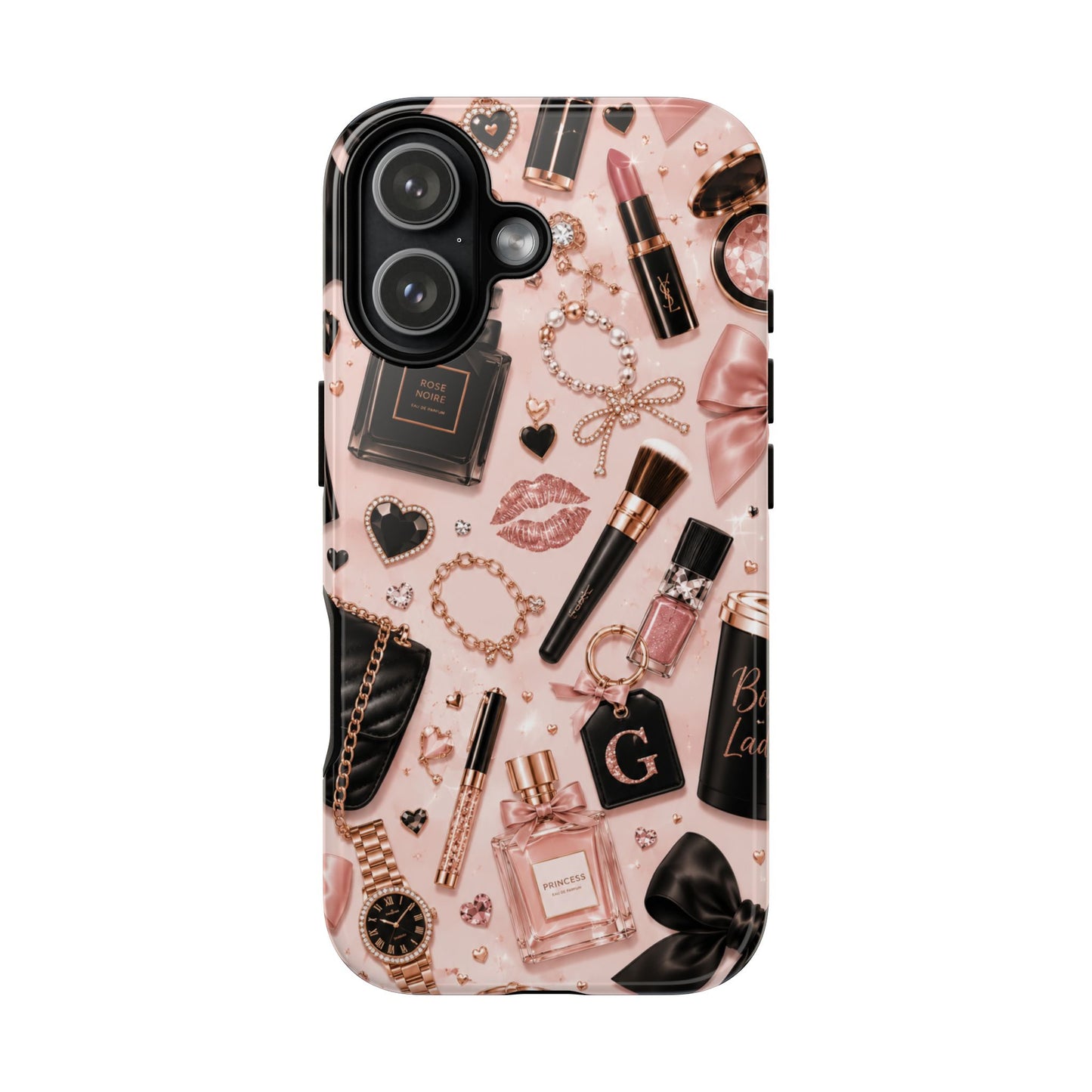 Sunflower Porch Co Glam Makeup Pattern Phone Case | Rose Gold Cosmetics, Perfume, Lipstick