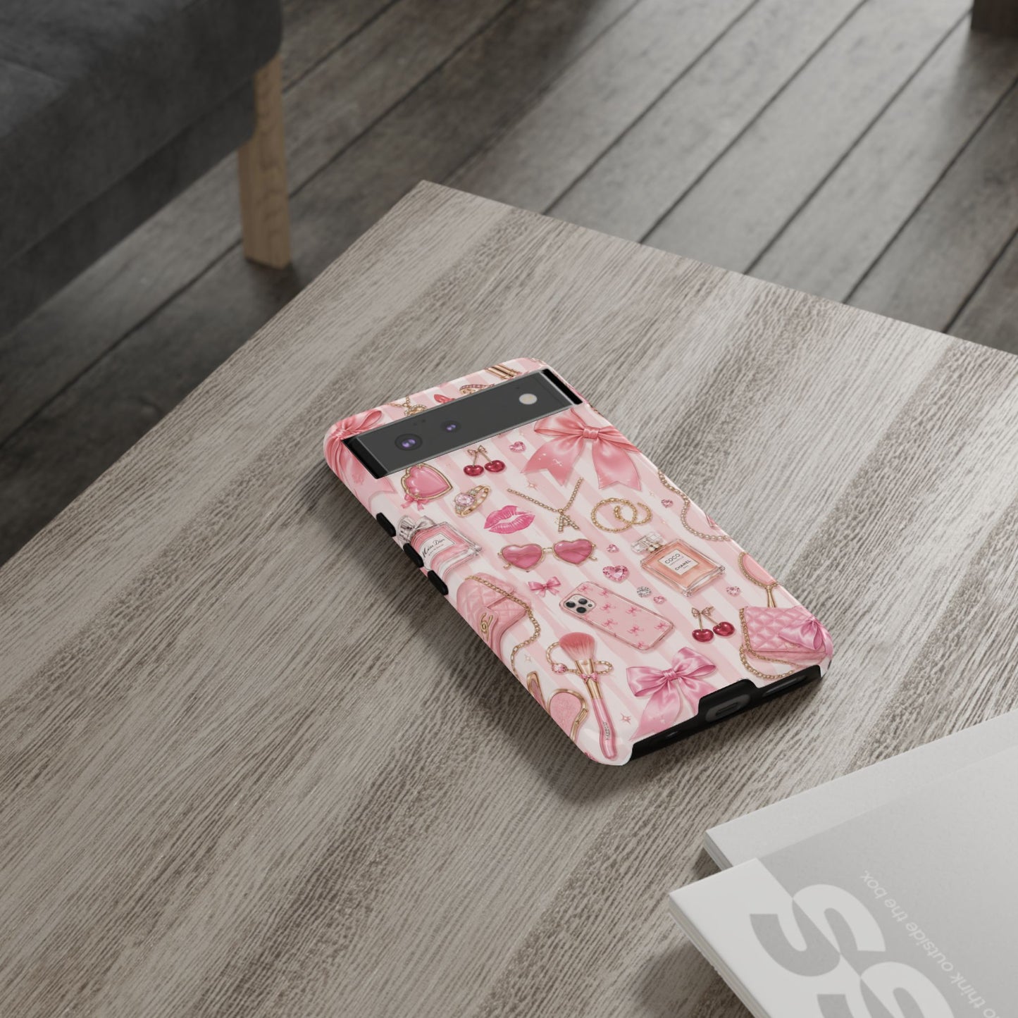 Pink Glam Pattern phone case | Makeup, bows, perfume, lipstick design
