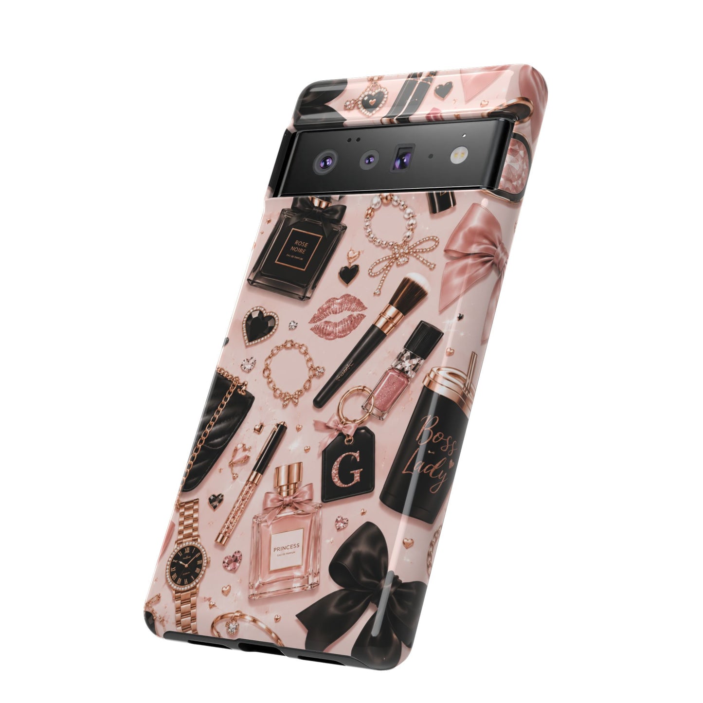 Sunflower Porch Co Glam Makeup Pattern Phone Case | Rose Gold Cosmetics, Perfume, Lipstick