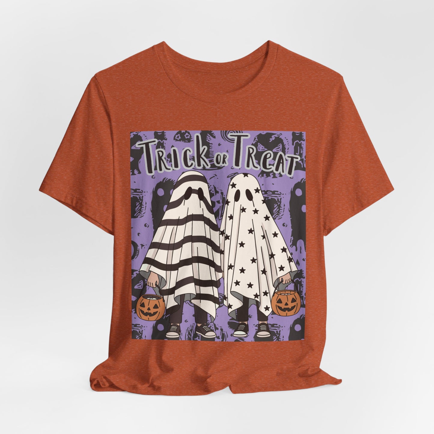 SunflowerPorchCo Trick or Treat Ghost Kids Halloween T-Shirt | Pumpkin Costume Tee