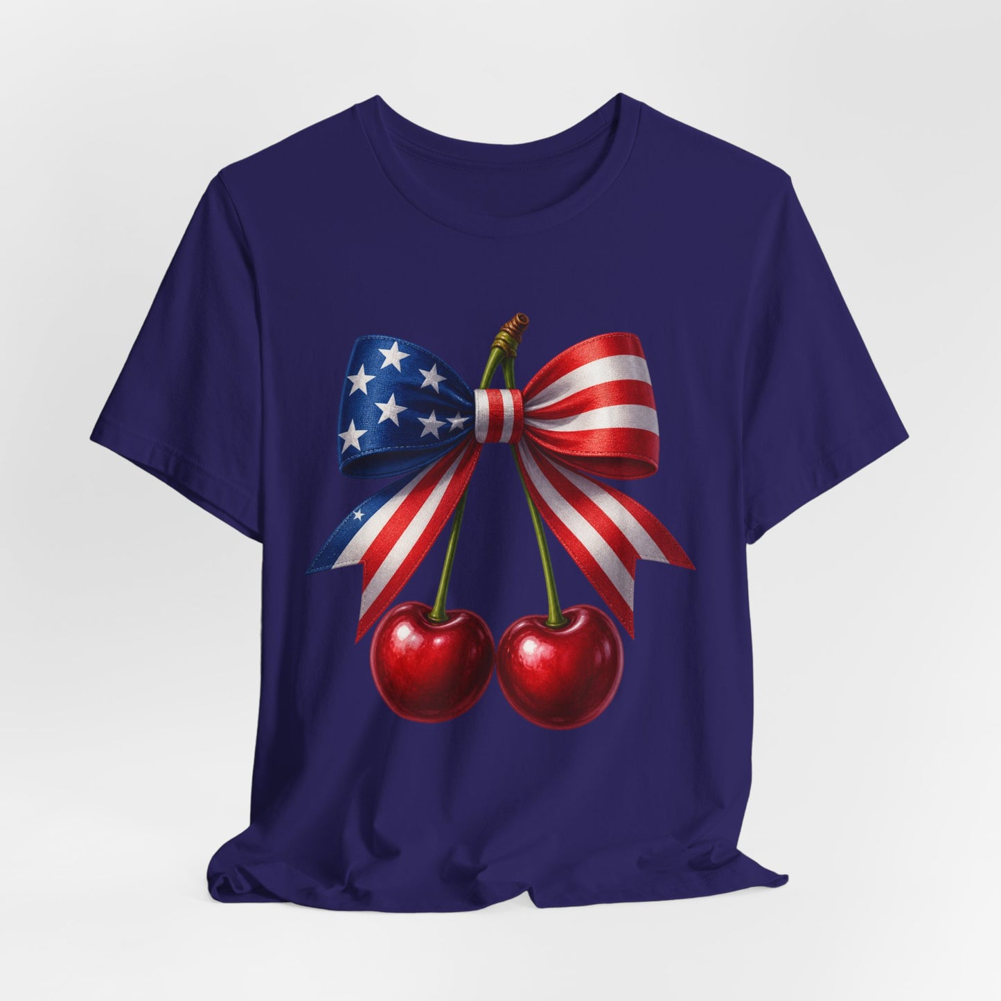 SunflowerPorchCo American Flag Bow with Cherries Tee | Patriotic Fourth of July Shirt