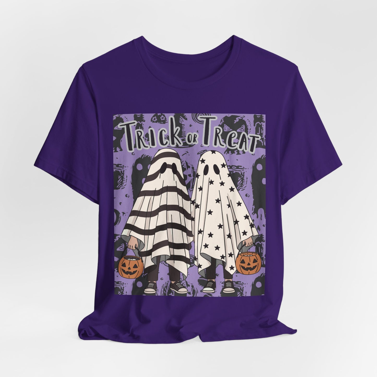 SunflowerPorchCo Trick or Treat Ghost Kids Halloween T-Shirt | Pumpkin Costume Tee