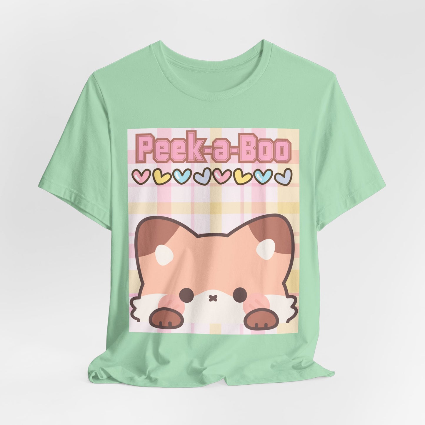 SunflowerPorchCo Peek-a-Boo Kawaii Fox Tee | Cute Pastel Hearts Plaid Shirt