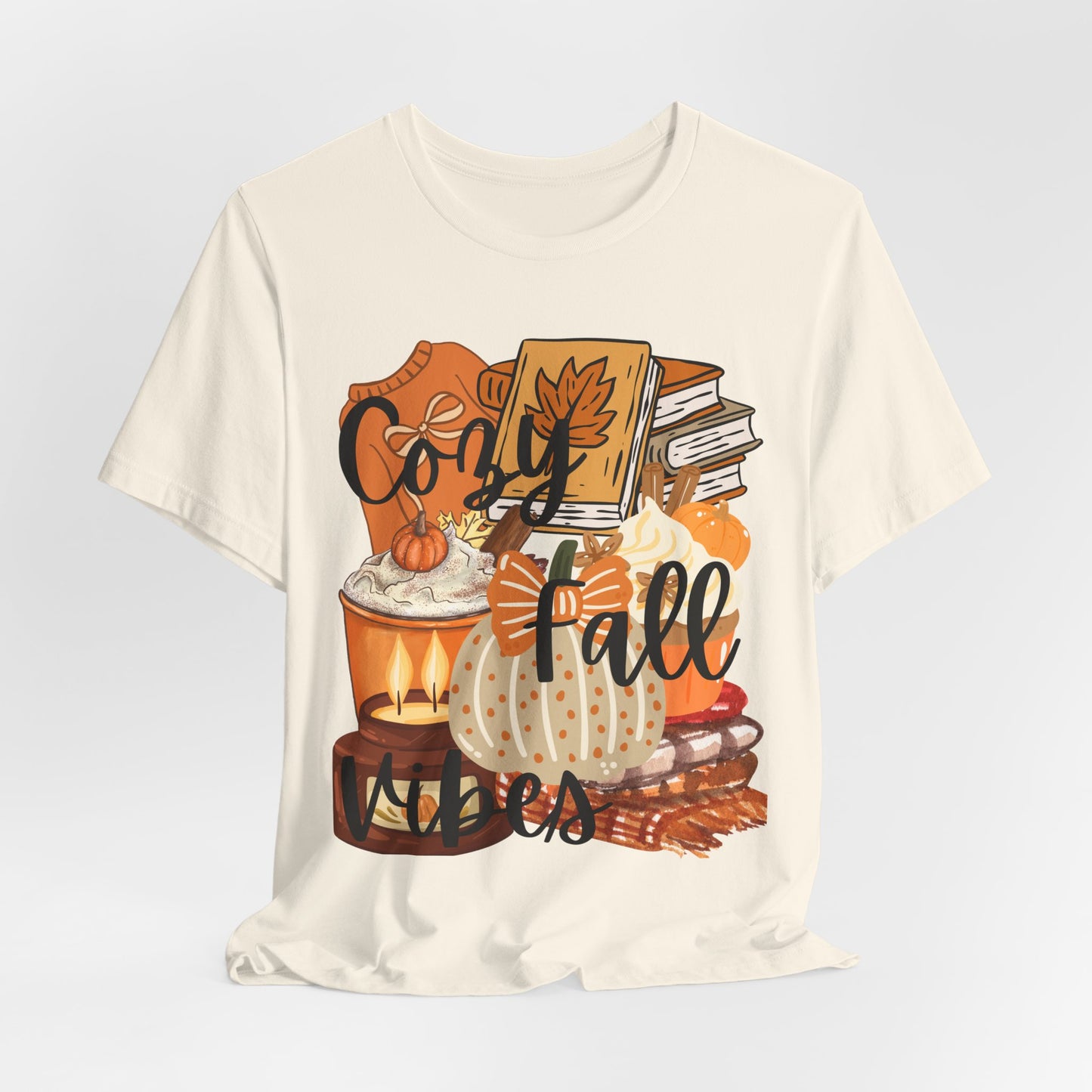 SunflowerPorchCo Cozy Fall Vibes T-Shirt | Pumpkin Books Candle Autumn Tee