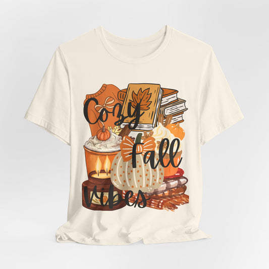 SunflowerPorchCo Cozy Fall Vibes T-Shirt | Pumpkin Books Candle Autumn Tee