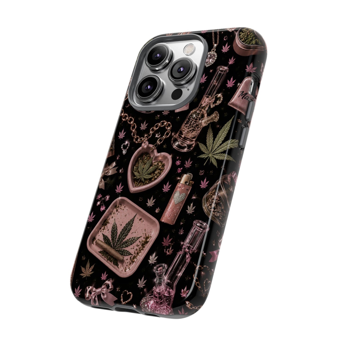 Sunflower Porch Co Pink Cannabis Pattern Tough Case | Weed Leaf Phone Case, Grinder & Lighter Design