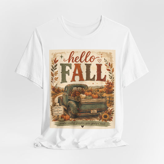 Sunflower Porch Co Hello Fall Vintage Truck T-Shirt | Pumpkin Harvest Autumn Tee