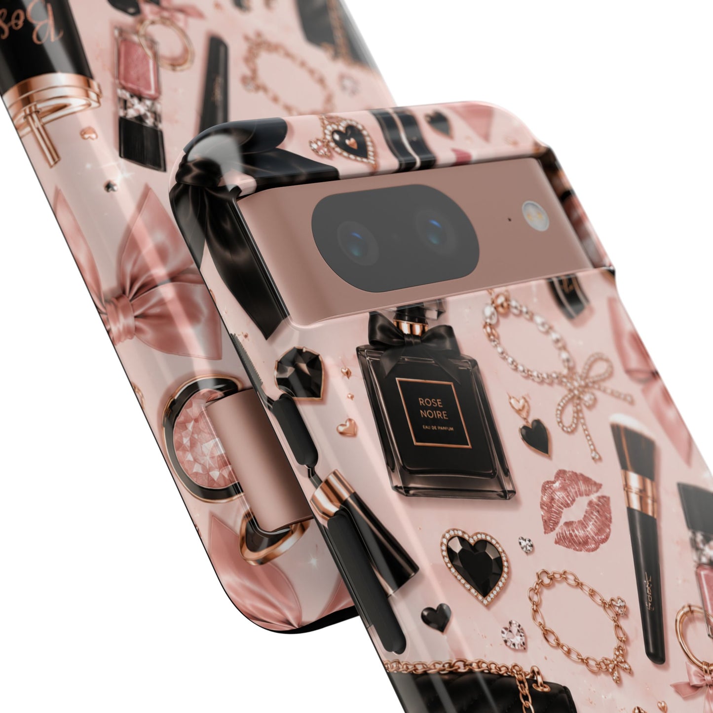 Sunflower Porch Co Glam Makeup Pattern Phone Case | Rose Gold Cosmetics, Perfume, Lipstick