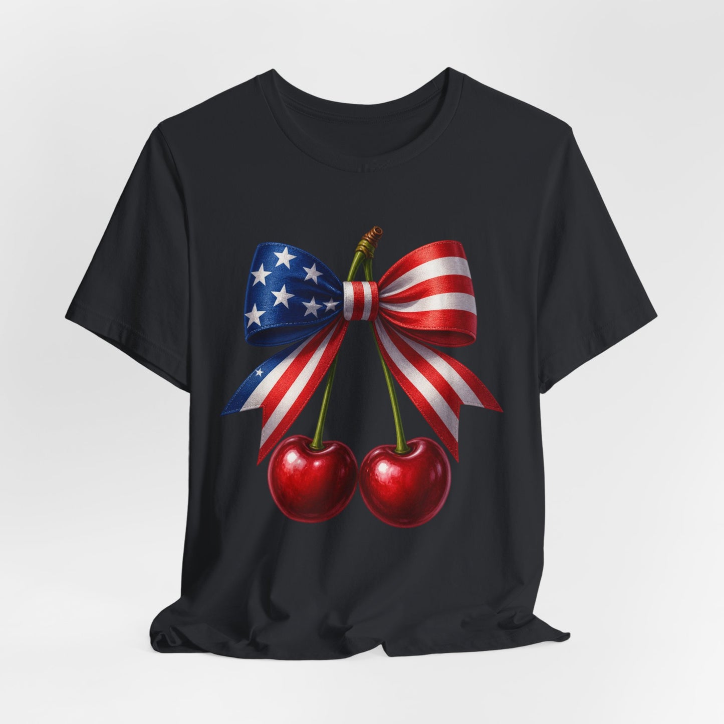 SunflowerPorchCo American Flag Bow with Cherries Tee | Patriotic Fourth of July Shirt