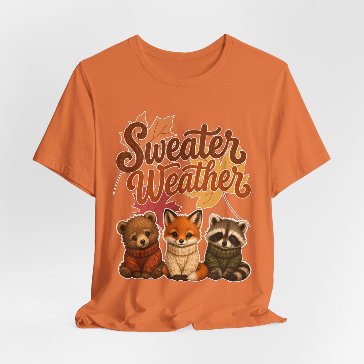 Sweater Weather woodland animals Tee | Fox Bear Raccoon fall leaves