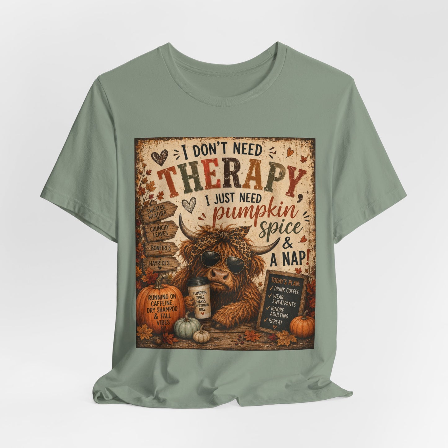 Sunflower Porch Co Pumpkin Spice & A Nap Highland Cow Tee | Fall Autumn Cozy Shirt