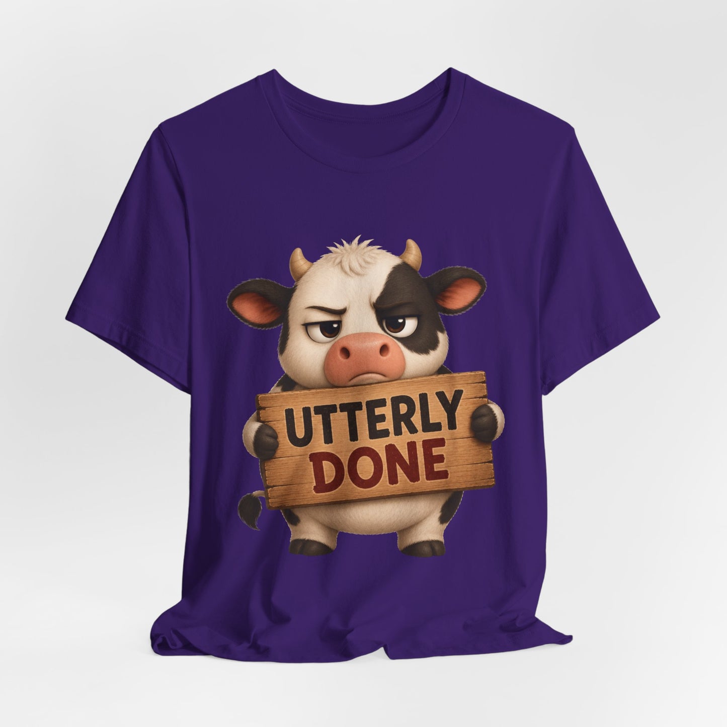 Sunflower Porch Co Utterly Done Cow Graphic Tee — Funny Cute Cow Holding 'Utterly Done' Sign
