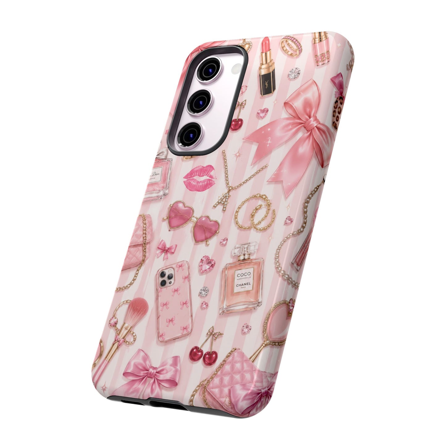 Pink Glam Pattern phone case | Makeup, bows, perfume, lipstick design
