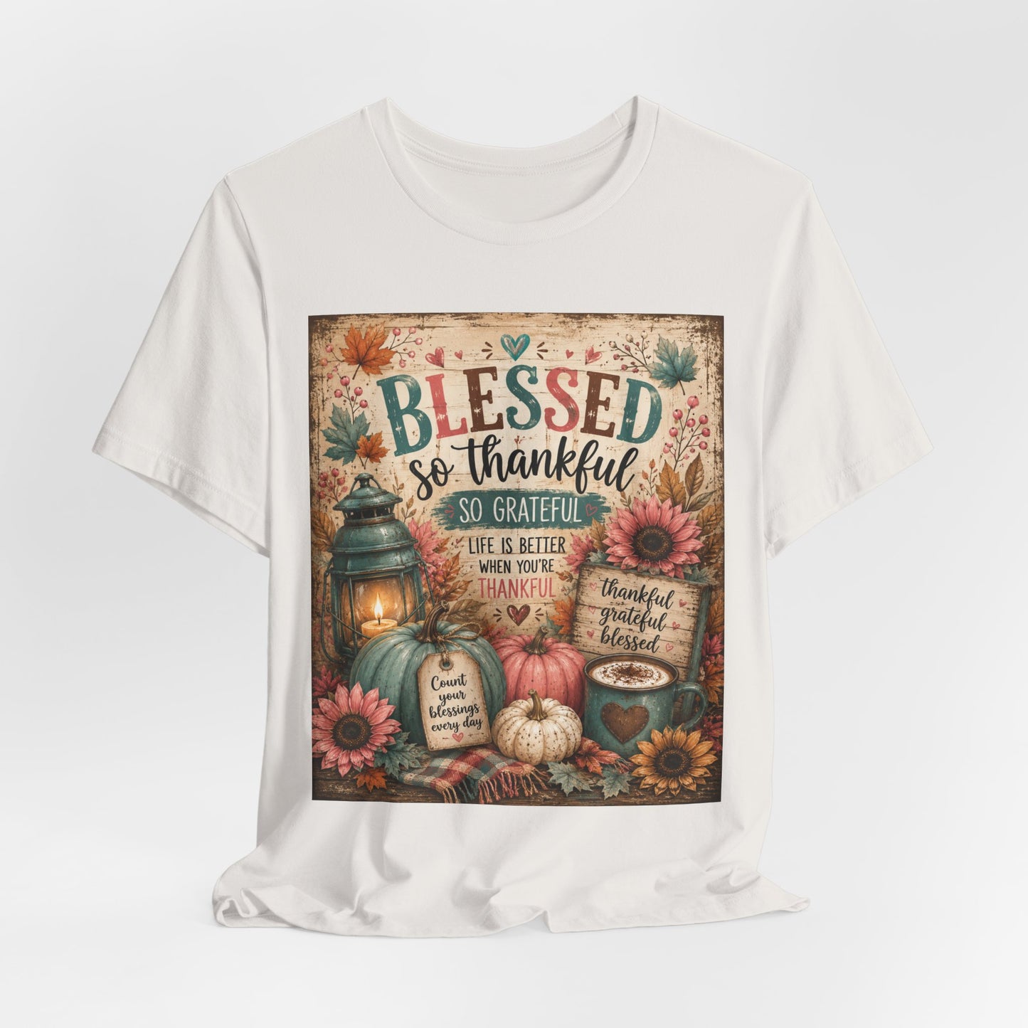 Sunflower Porch Co Blessed So Thankful Thanksgiving Tee | Fall Pumpkin Sunflower Tee