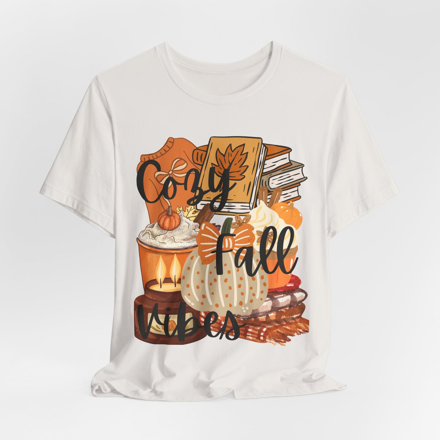 SunflowerPorchCo Cozy Fall Vibes T-Shirt | Pumpkin Books Candle Autumn Tee