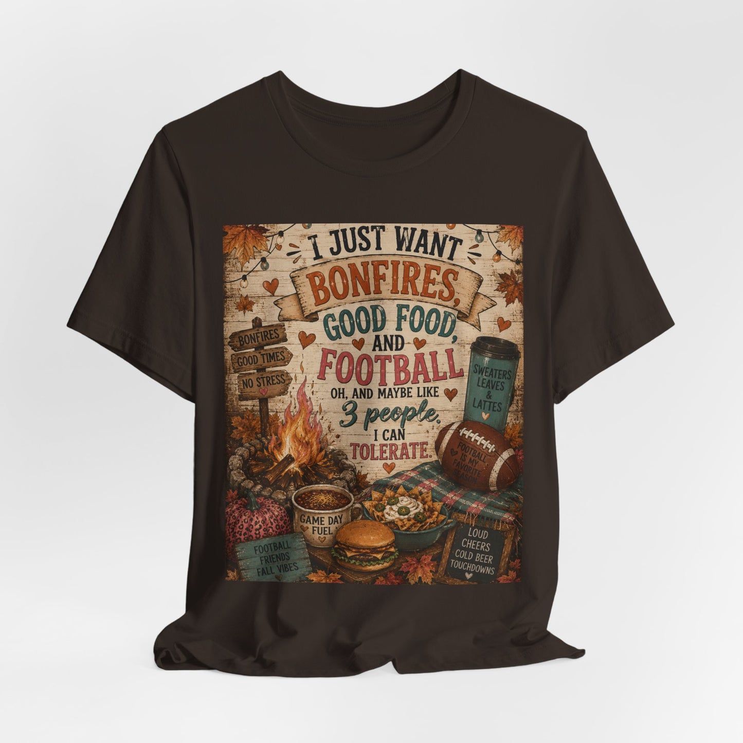 Sunflower Porch Co Bonfires Good Food and Football Tee | Fall Campfire Typography Shirt