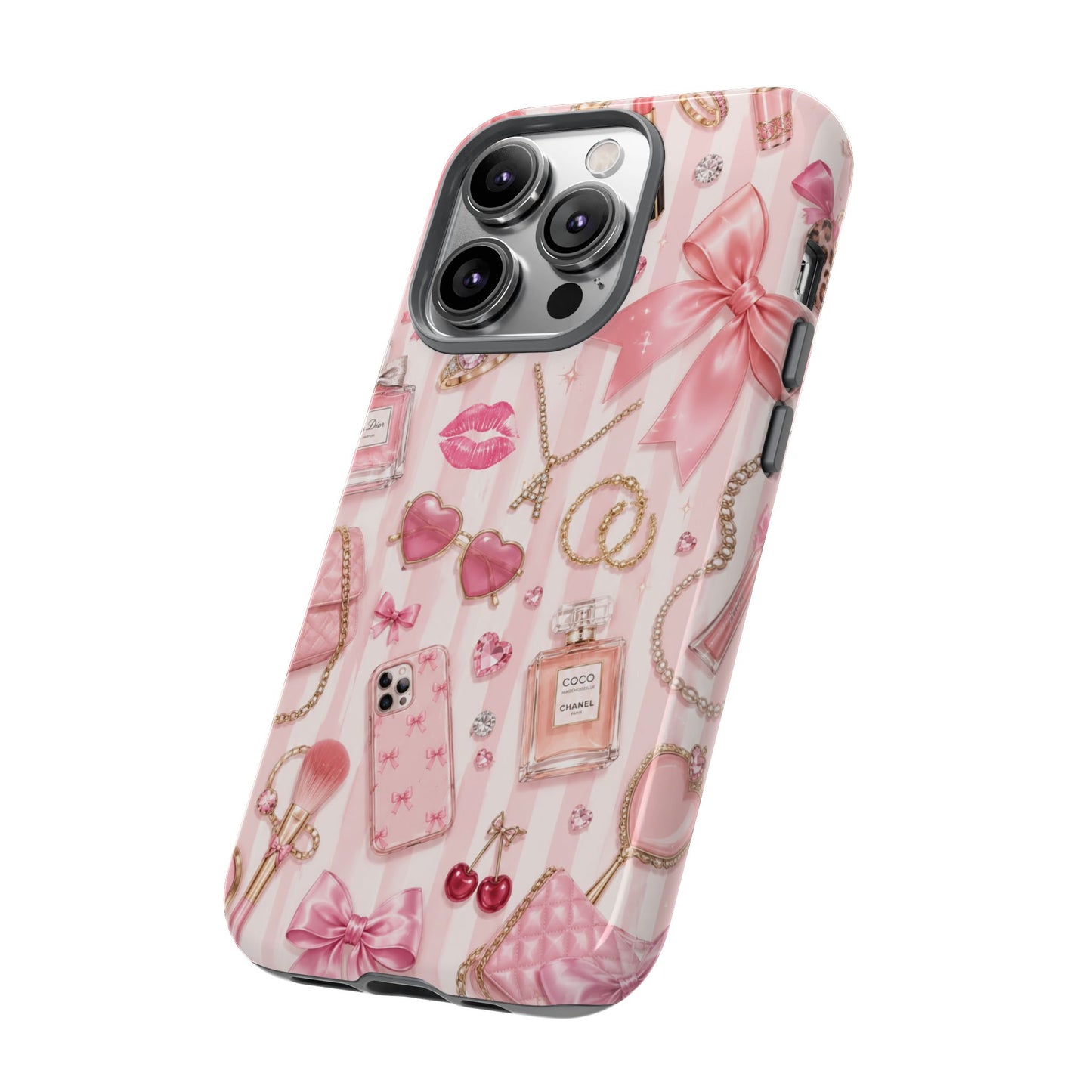 Pink Glam Pattern phone case | Makeup, bows, perfume, lipstick design