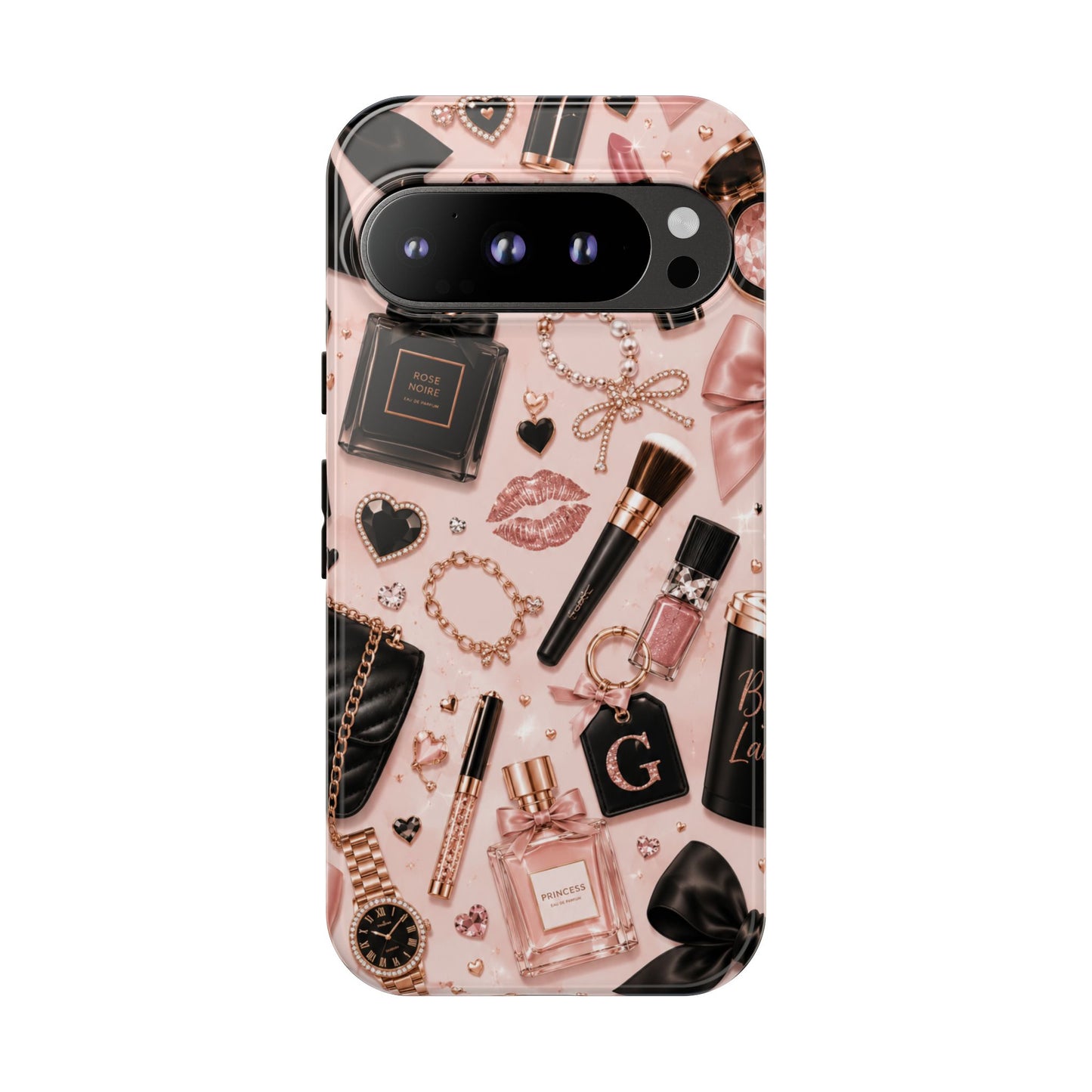 Sunflower Porch Co Glam Makeup Pattern Phone Case | Rose Gold Cosmetics, Perfume, Lipstick