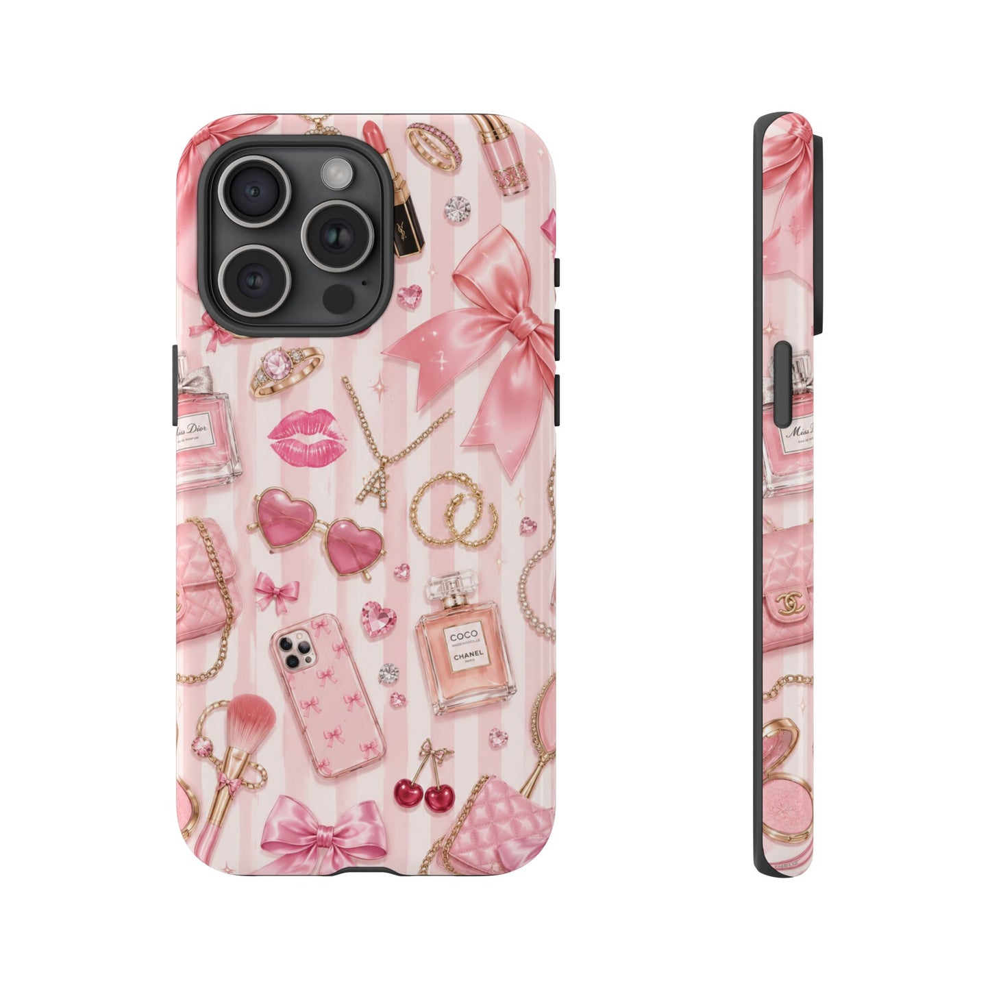 Pink Glam Pattern phone case | Makeup, bows, perfume, lipstick design