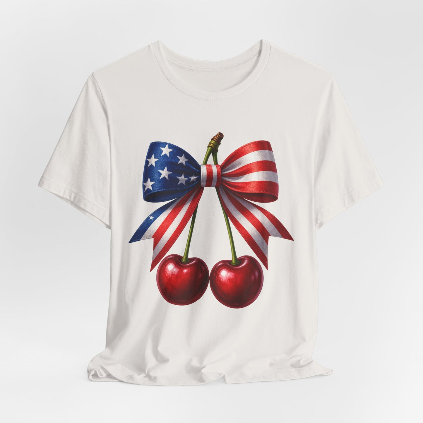 SunflowerPorchCo American Flag Bow with Cherries Tee | Patriotic Fourth of July Shirt