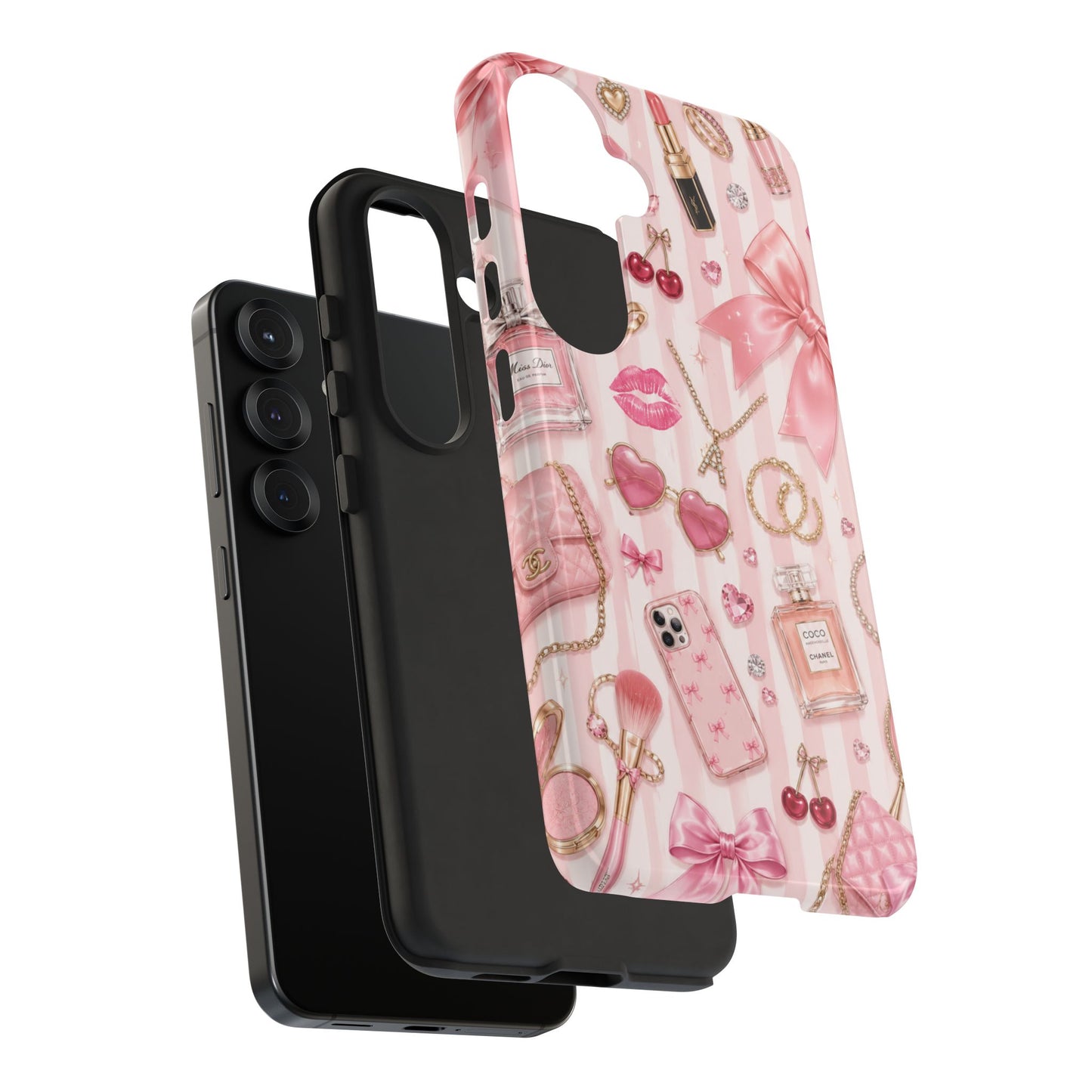 Pink Glam Pattern phone case | Makeup, bows, perfume, lipstick design