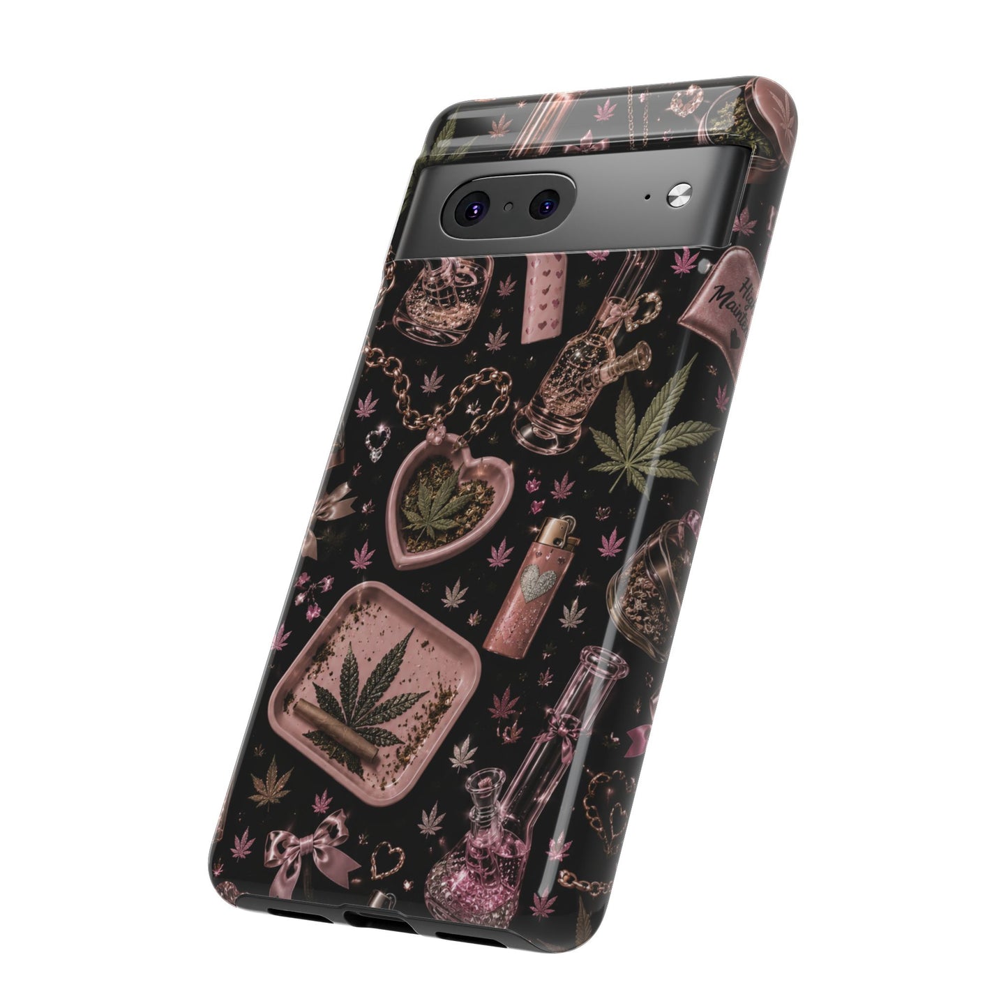 Sunflower Porch Co Pink Cannabis Pattern Tough Case | Weed Leaf Phone Case, Grinder & Lighter Design