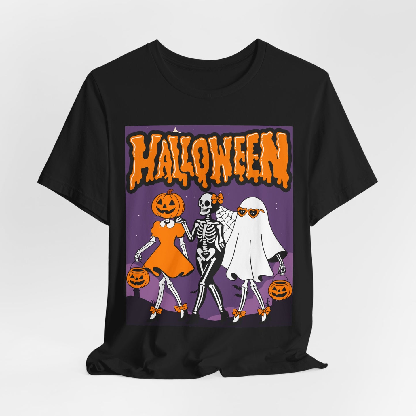 SunflowerPorchCo Dancing Skeletons and Pumpkins Halloween T-Shirt | Retro Spooky Trio Tee