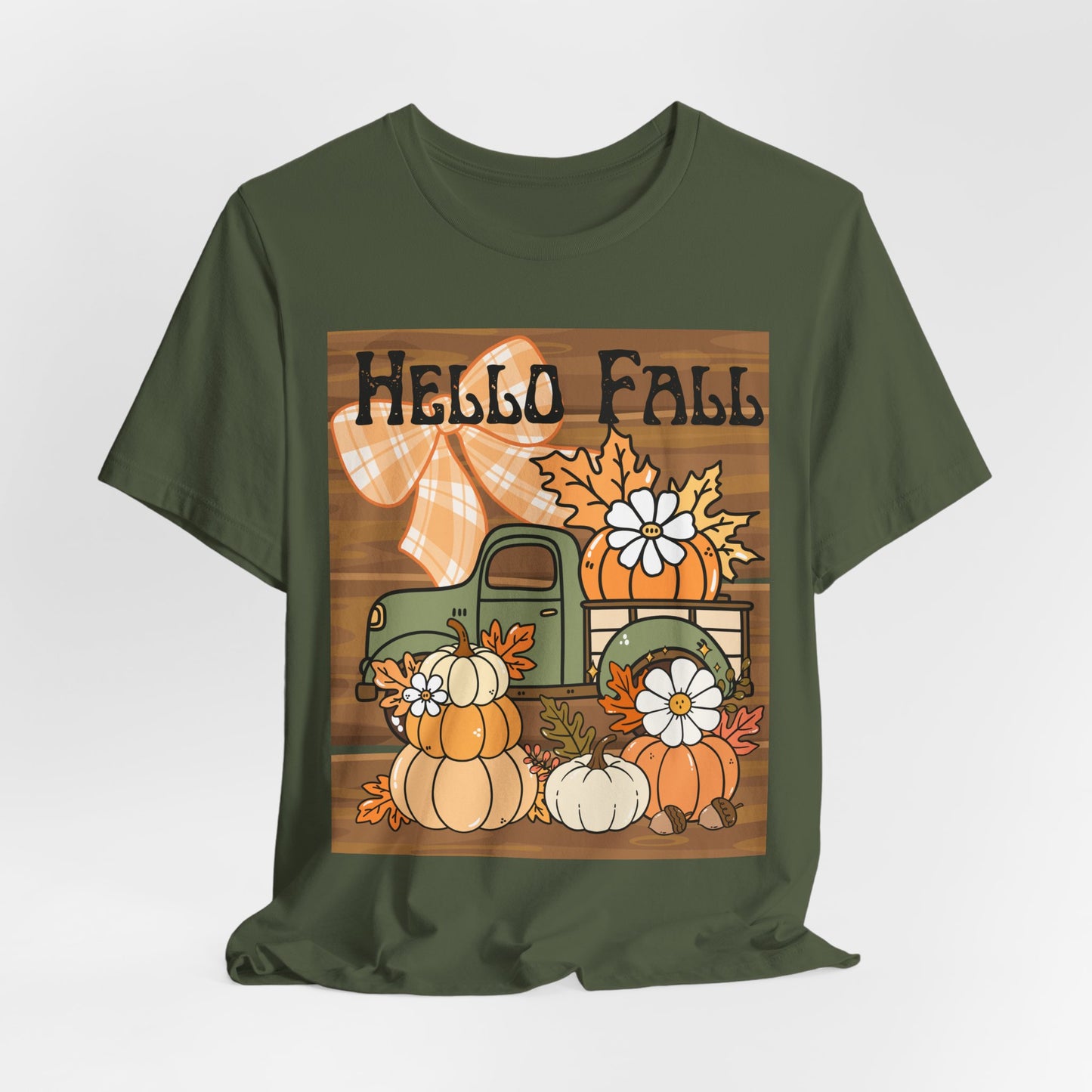 SunflowerPorchCo Hello Fall Pumpkin Truck Tee | Autumn Pumpkins, Plaid Bow, Rustic Wood