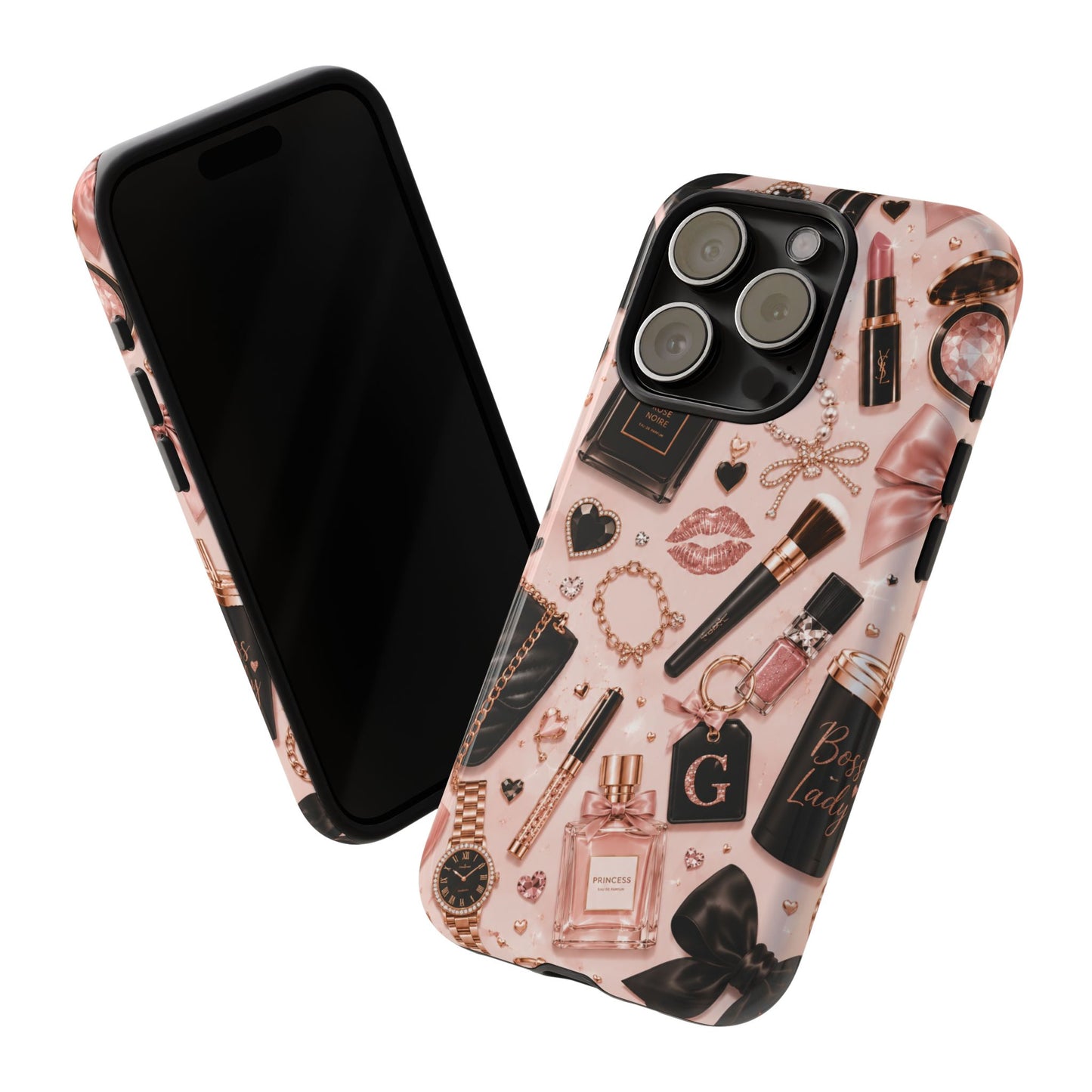 Sunflower Porch Co Glam Makeup Pattern Phone Case | Rose Gold Cosmetics, Perfume, Lipstick