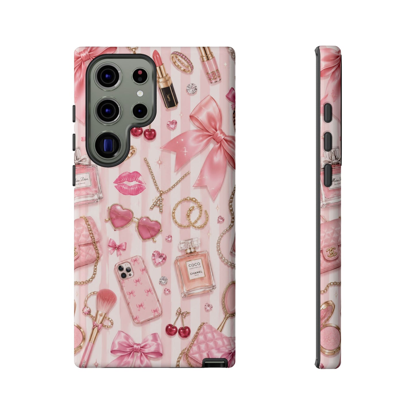 Pink Glam Pattern phone case | Makeup, bows, perfume, lipstick design