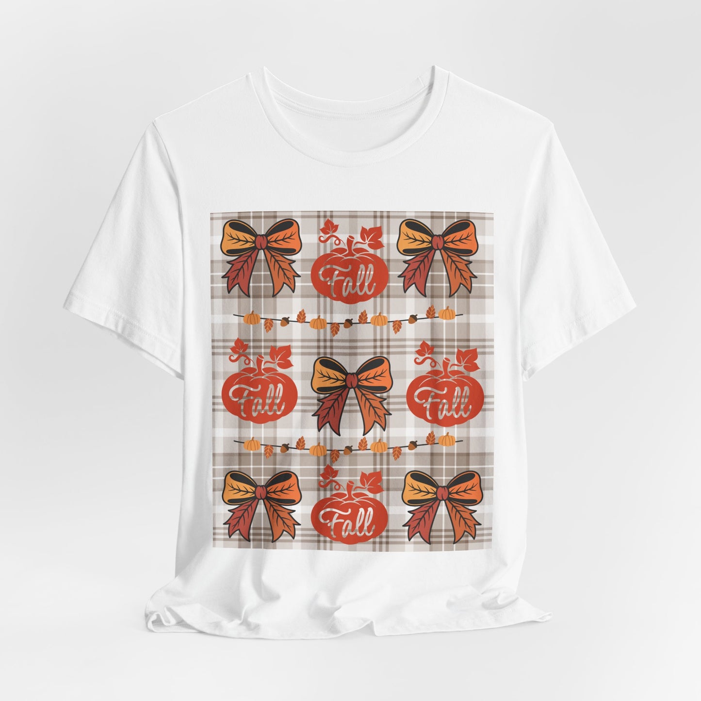 SunflowerPorchCo Fall Pumpkin Plaid Pattern Tee | Autumn Bow Graphic T-Shirt