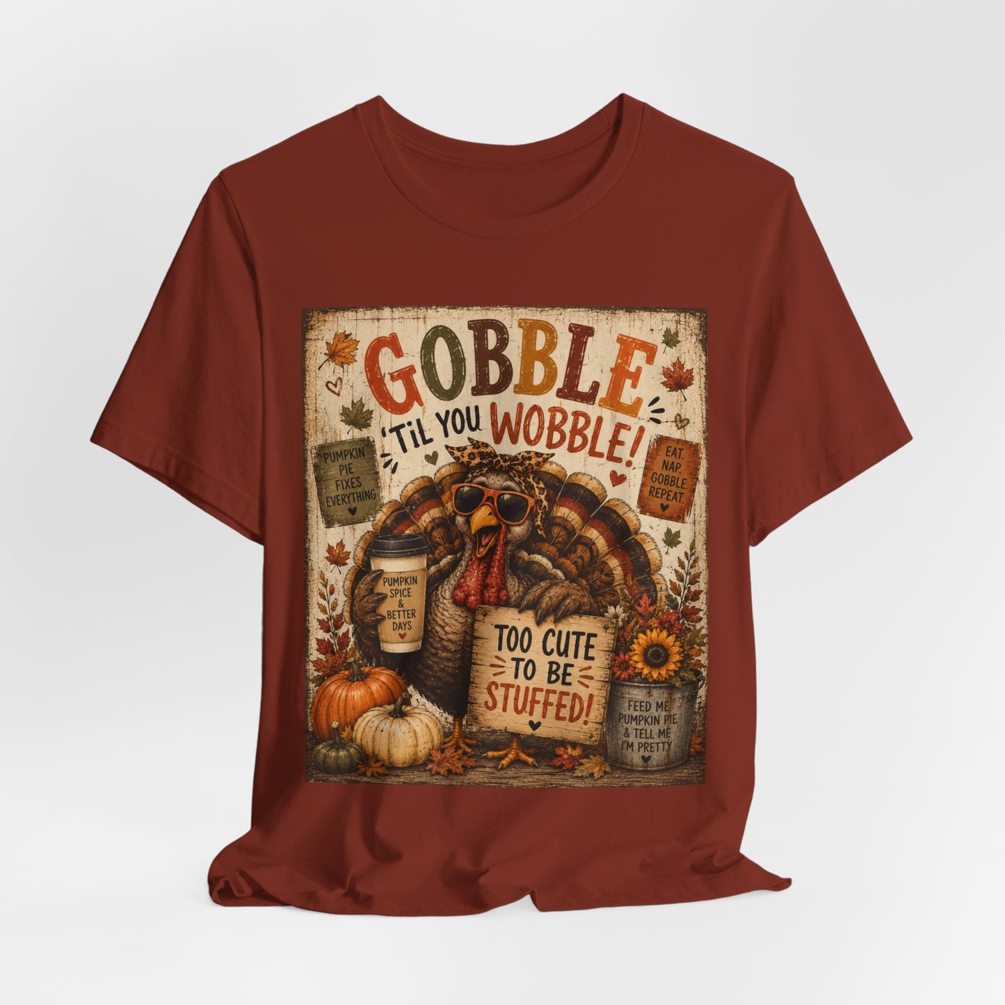 Sunflower Porch Co Gobble 'Til You Wobble Turkey graphic Tee | Thanksgiving fall pumpkin leaves