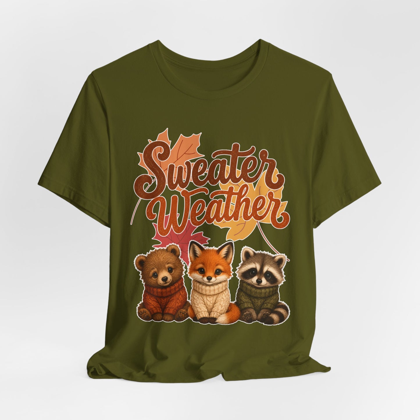 Sweater Weather woodland animals Tee | Fox Bear Raccoon fall leaves