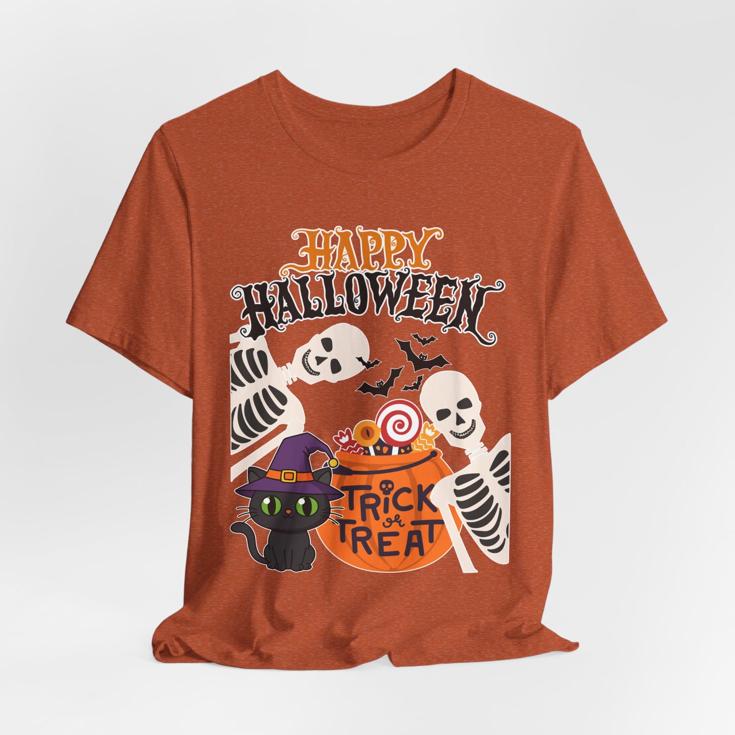 Happy Halloween skeletons, black cat, trick or treat tee