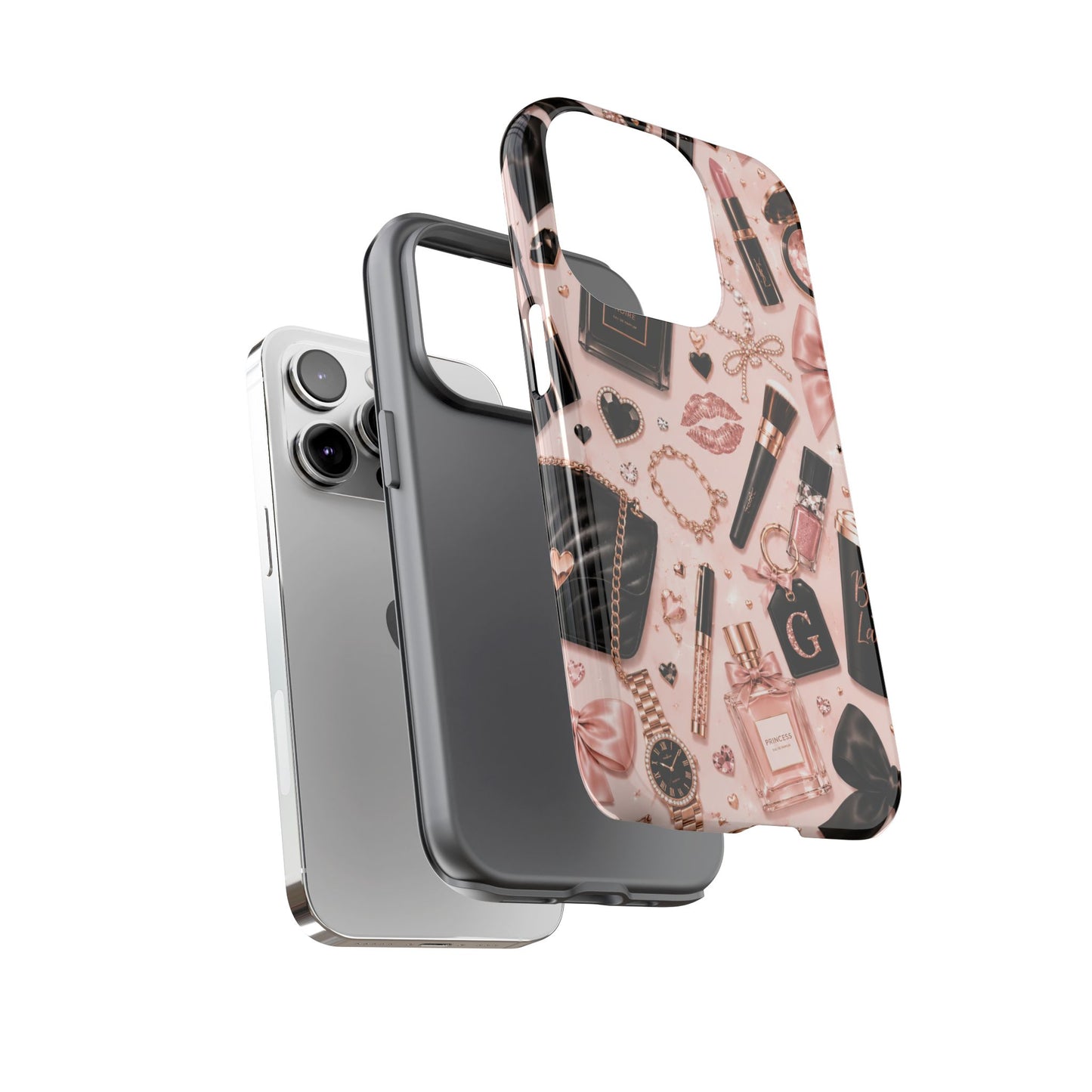Sunflower Porch Co Glam Makeup Pattern Phone Case | Rose Gold Cosmetics, Perfume, Lipstick