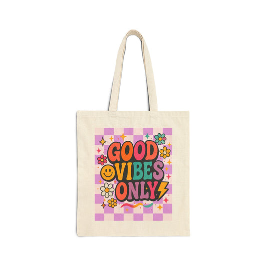 Good Vibes Only Tote Bag | Retro Flower Smiley Checkerboard