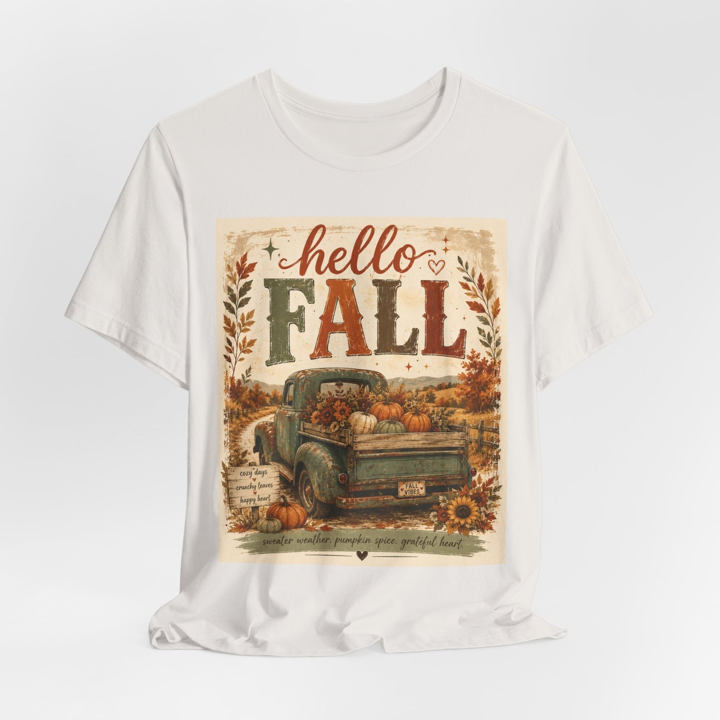 Sunflower Porch Co Hello Fall Vintage Truck T-Shirt | Pumpkin Harvest Autumn Tee