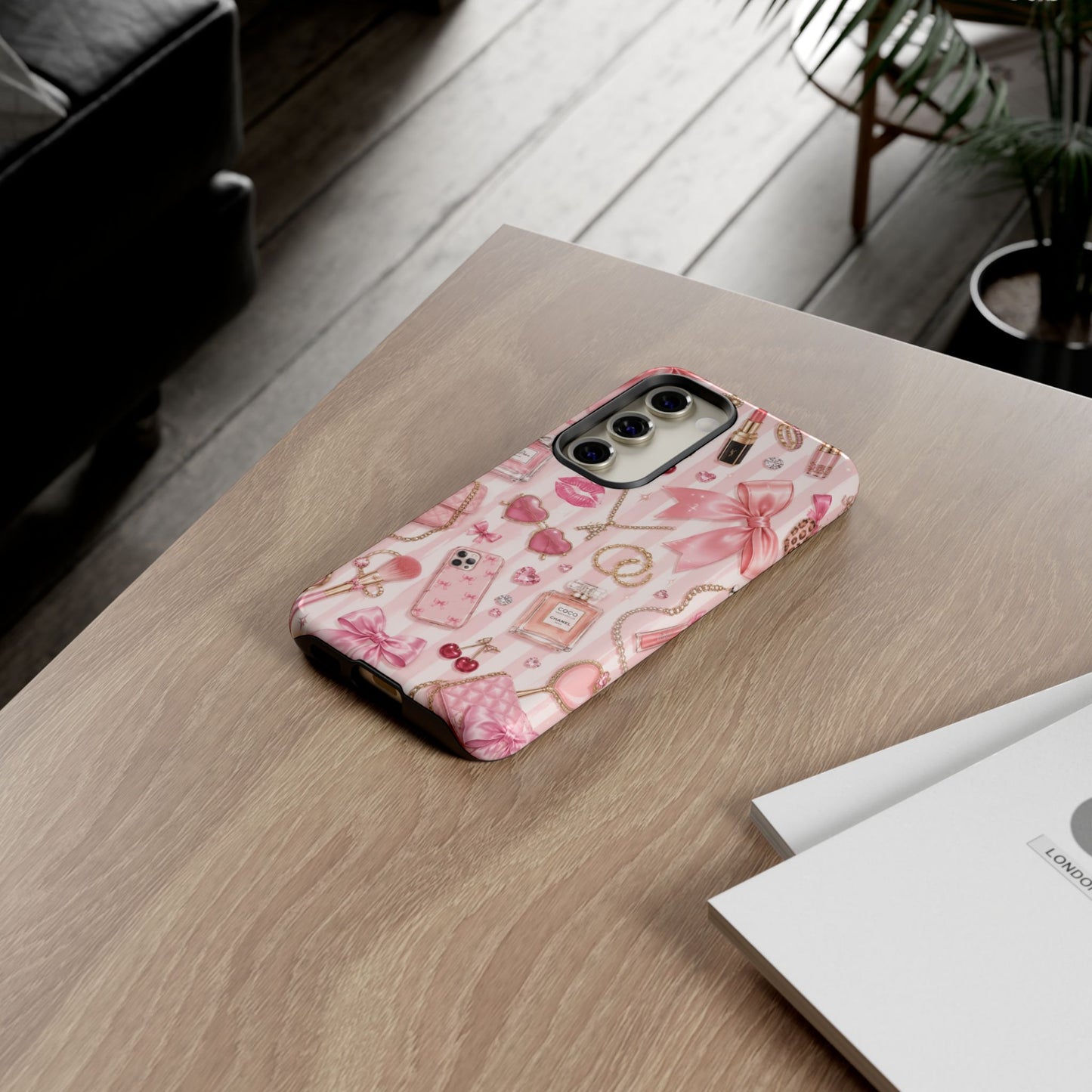 Pink Glam Pattern phone case | Makeup, bows, perfume, lipstick design