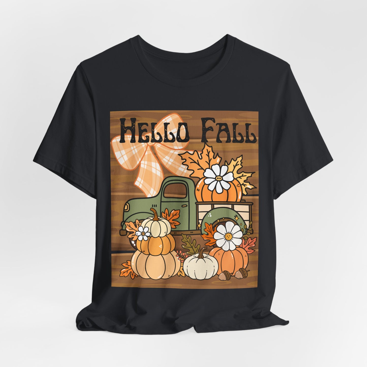 SunflowerPorchCo Hello Fall Pumpkin Truck Tee | Autumn Pumpkins, Plaid Bow, Rustic Wood